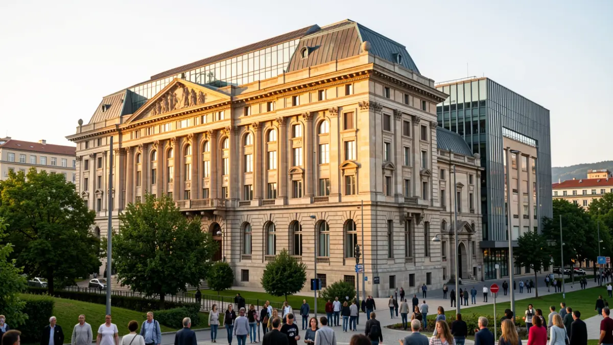 The facade of the Museo de Bellas Artes de Bilbao, a blend of historic and modern architecture, bathed in the warm light of late afternoon.