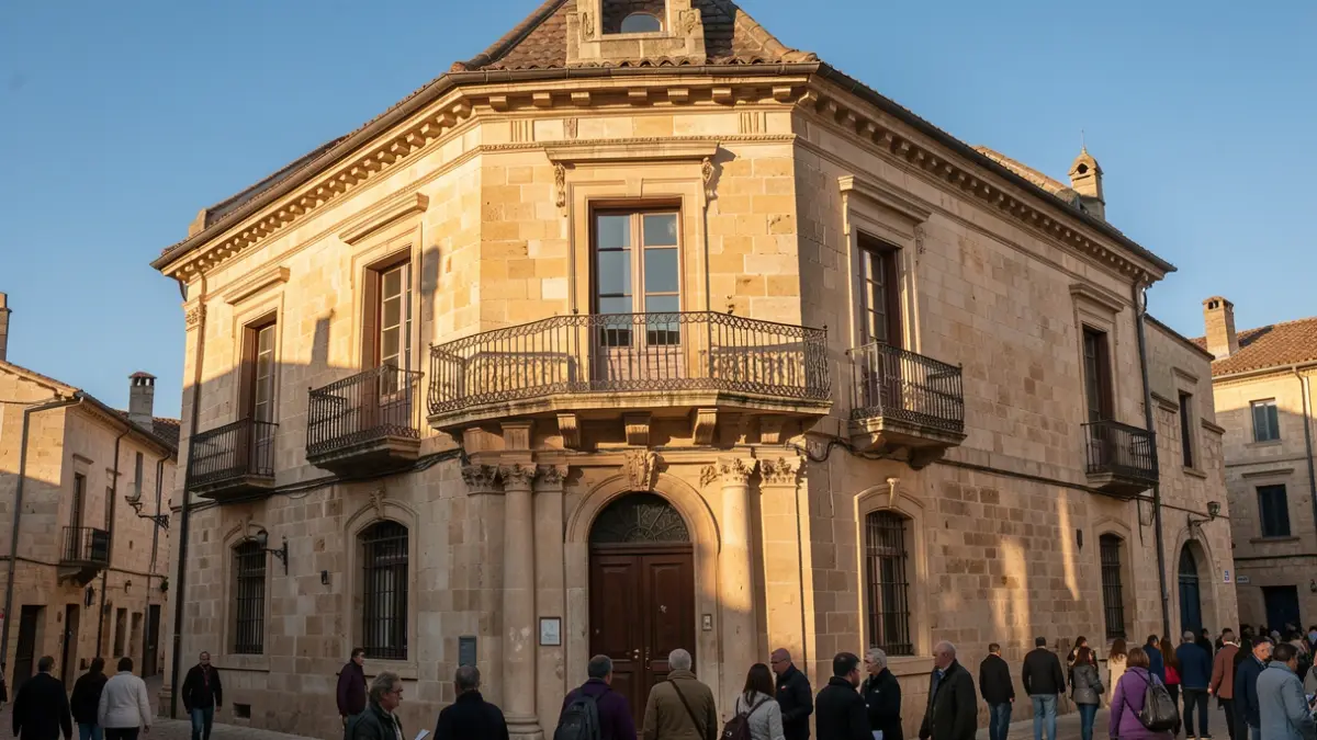 Imagen genérica. Fachada de piedra de un ayuntamiento del País Vasco con balcón y barandillas de hierro ornamentadas, luz de sol de la tarde proyectando sombras sobre las paredes de arenisca, cielo azul.