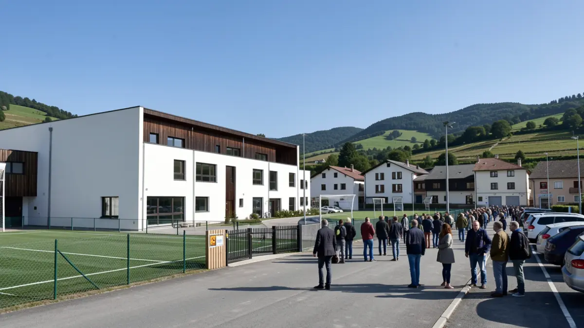 Generic image: Exterior of a modern sports complex and municipal buildings in a Basque town, clean white walls and dark wood accents, green hills in the background under a clear blue sky.
