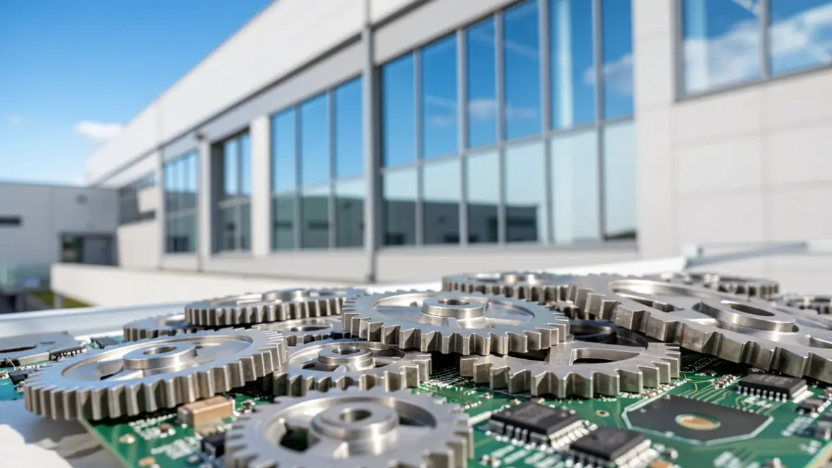 Irudi generikoa: Industria-instalazio moderno bat, leiho handiekin eta zeru urdinarekin. Aurrean, metalezko engranaje abstraktuak eta zirkuitu-plaken osagaiak.