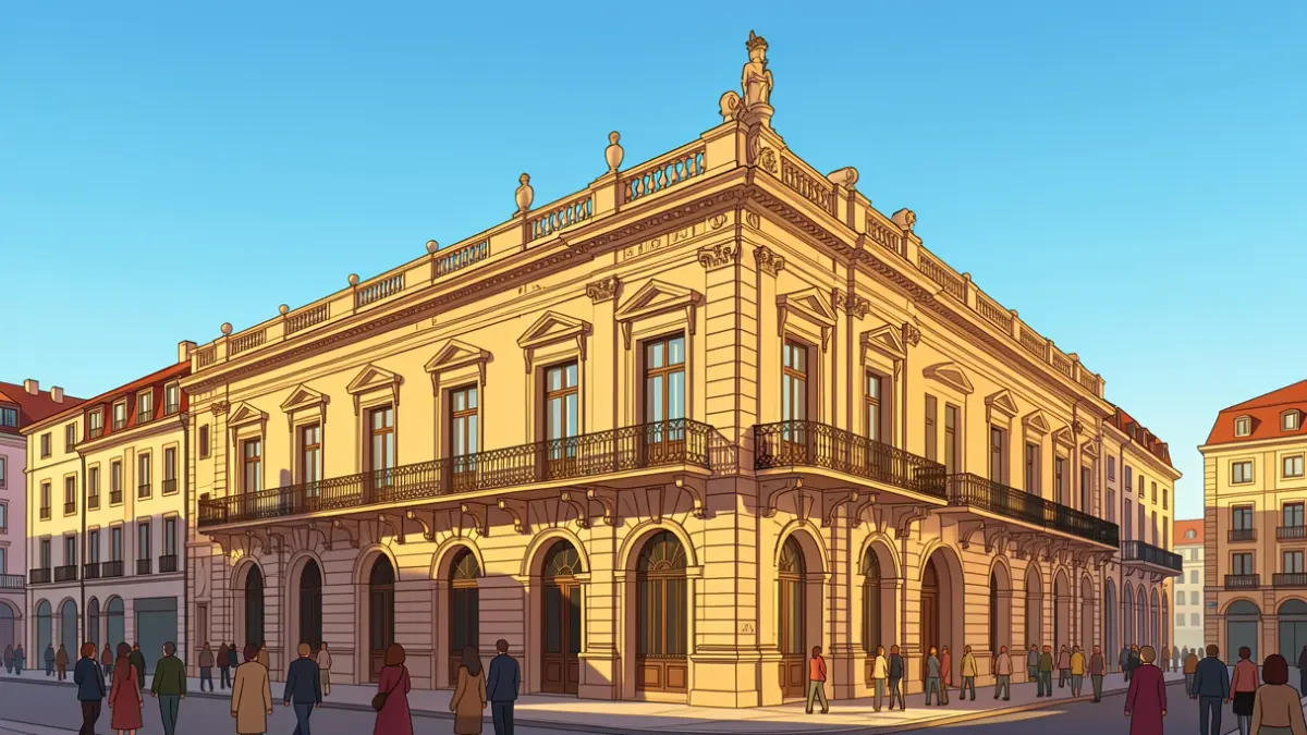 Illustration of the Bilbao City Hall facade with balconies and iron railings, bathed in warm afternoon light.