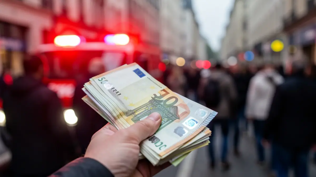 Imagen genérica: mano sujetando billetes de euros, con luces de emergencia rojas reflejándose al fondo.