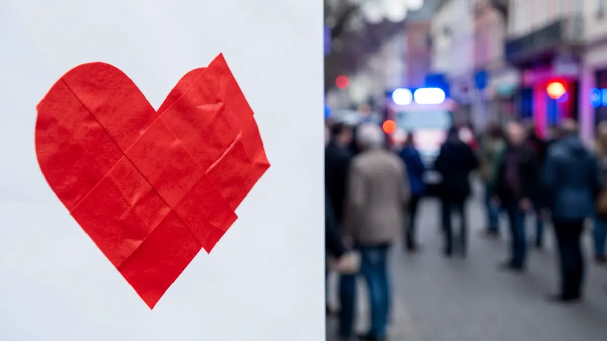 Generic image: close-up of a red heart made of medical tape on a white background, with blurred blue and red emergency lights in the background.