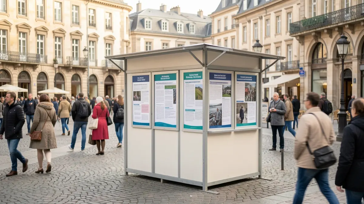 Imagen genérica de un punto de información en una plaza pública, con gente difuminada al fondo y carteles informativos.