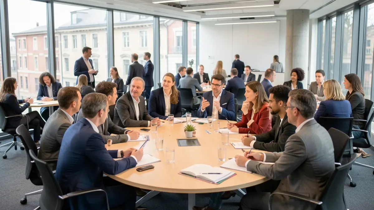Generic image: discussing mental health initiatives. The atmosphere is collaborative and focused, with subtle Euskadi architectural elements in the background. Soft, natural light illuminates the scene.
