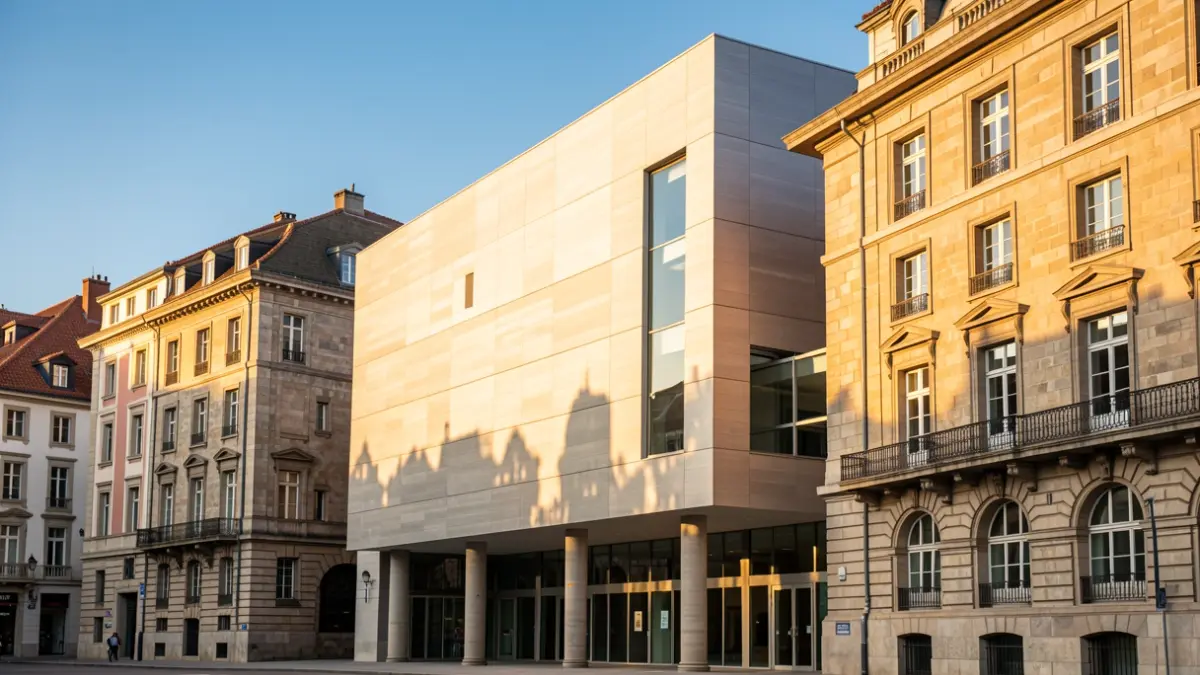 Facade of the Museum of Fine Arts of Bilbao, in the afternoon sun.