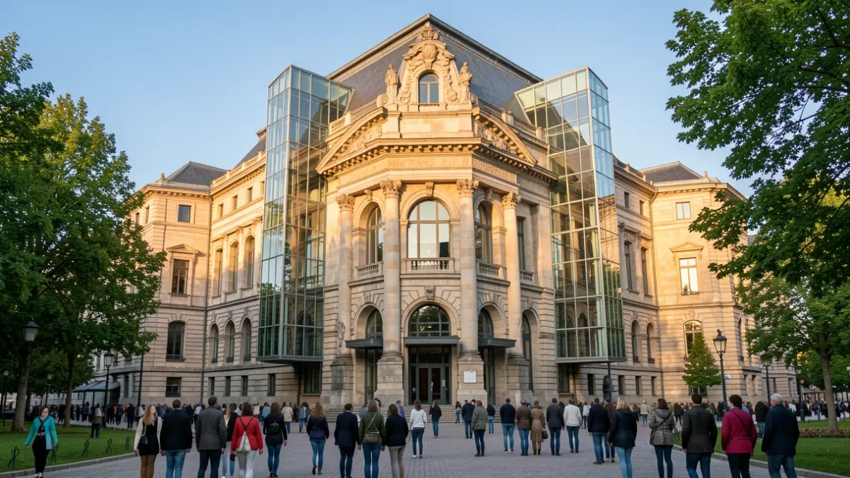 Fachada del Museo de Bellas Artes de Bilbao, mezcla de arquitectura histórica de piedra y adiciones modernas de vidrio y acero, bañada por la cálida luz del atardecer, con árboles verdes y un cielo azul claro al fondo.