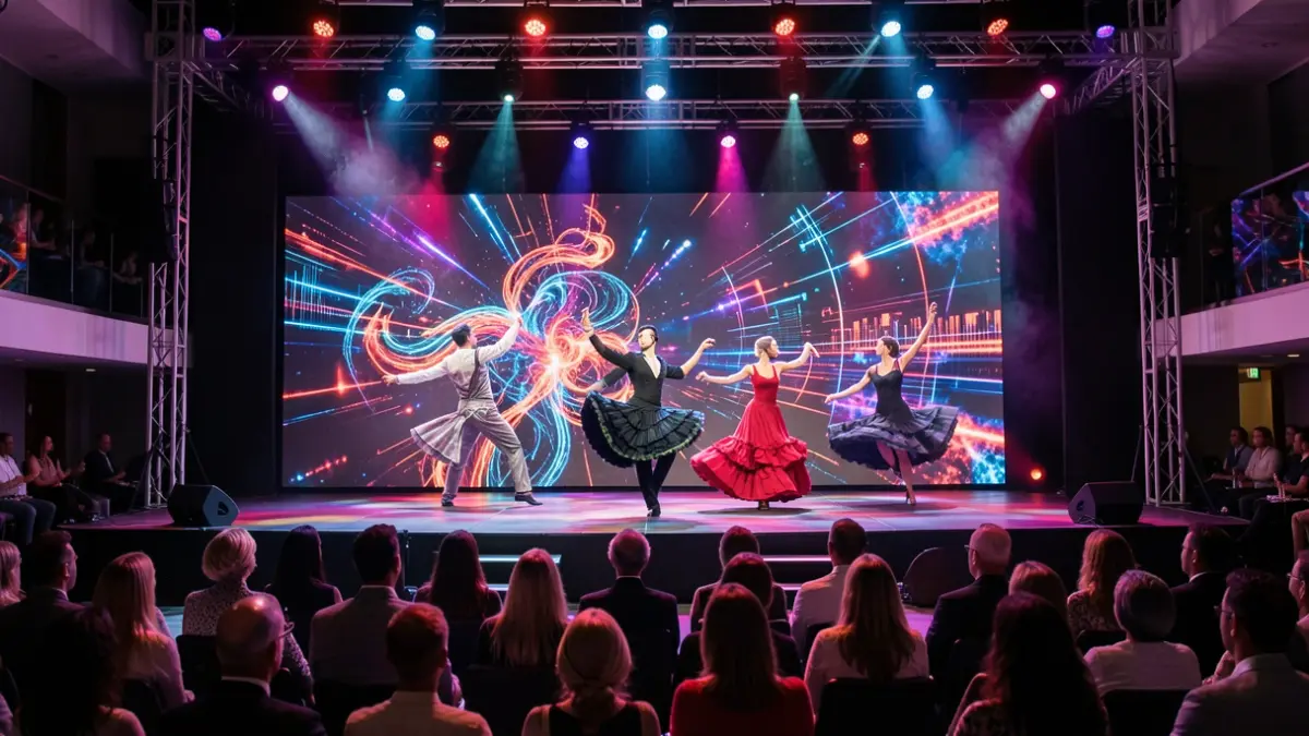 Imagen genérica: escena contemporánea de un espectáculo de danza y música electrónica con iluminación dramática.