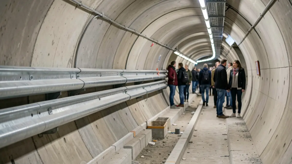 Generic image: A tunnel interior section showing steel gutters and concrete channels, with modern LED lighting.