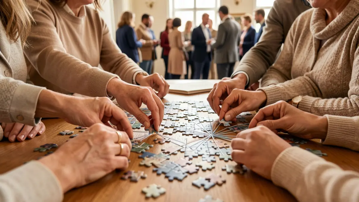 Imagen genérica: Manos de mujeres diversas colaborando alrededor de una mesa, uniendo piezas de un puzzle para formar una red, luz natural cálida.
