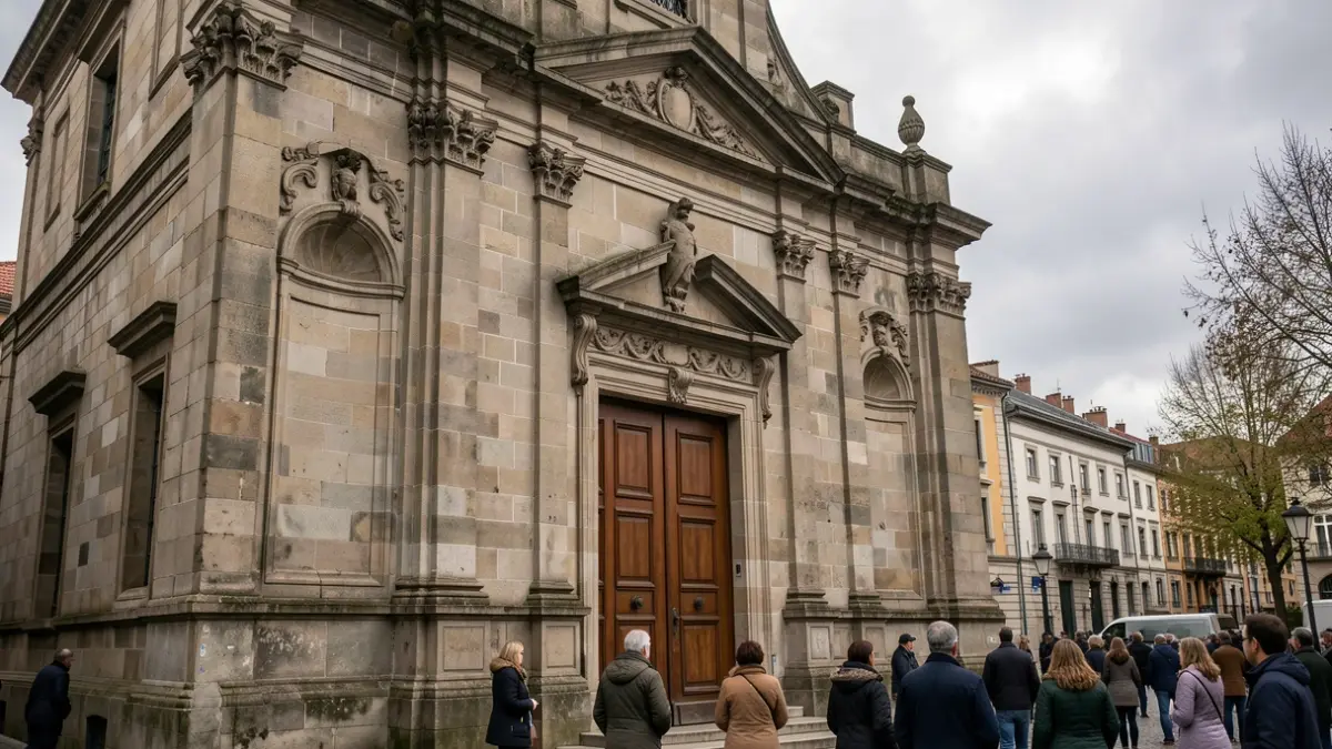 Fachada de piedra de una capilla del cementerio de Bilbao, con luz difusa.