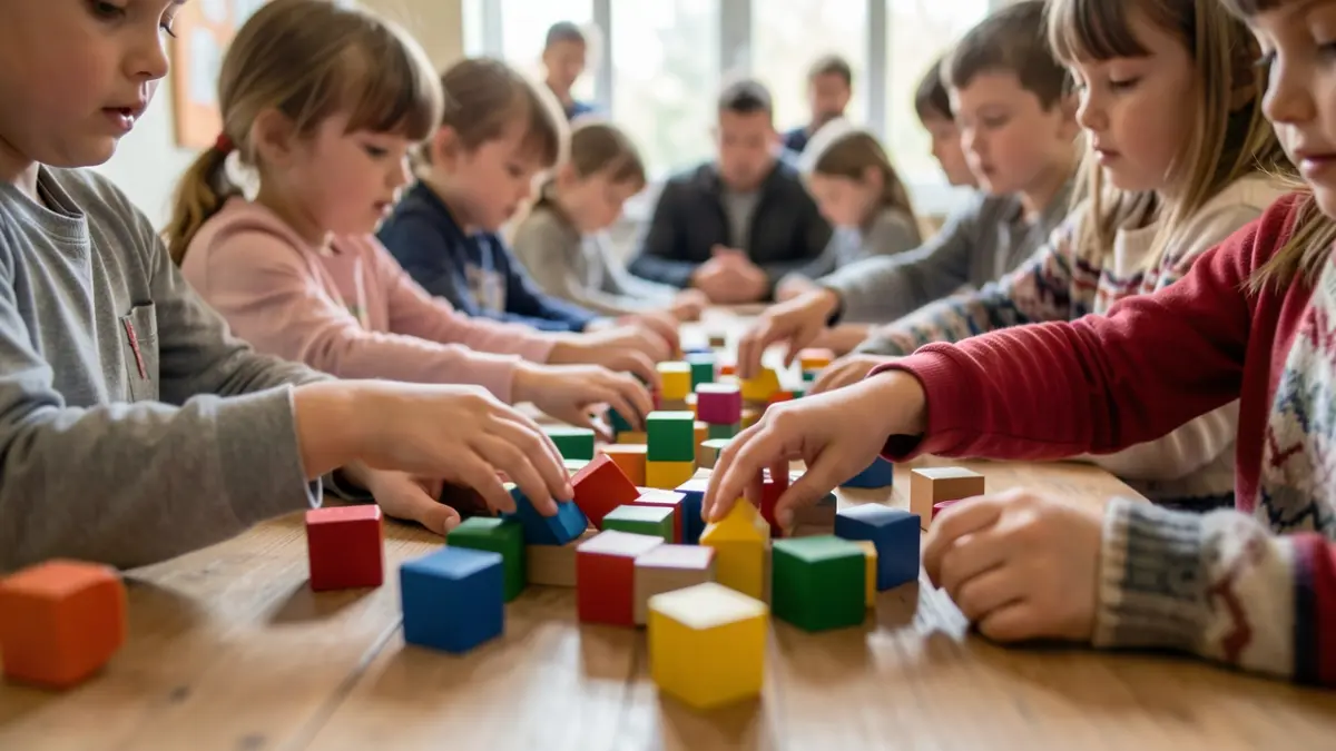 Generic image: hands of children of various ages reaching for colorful building blocks on a wooden table, soft natural light, shallow depth of field, documentary style.