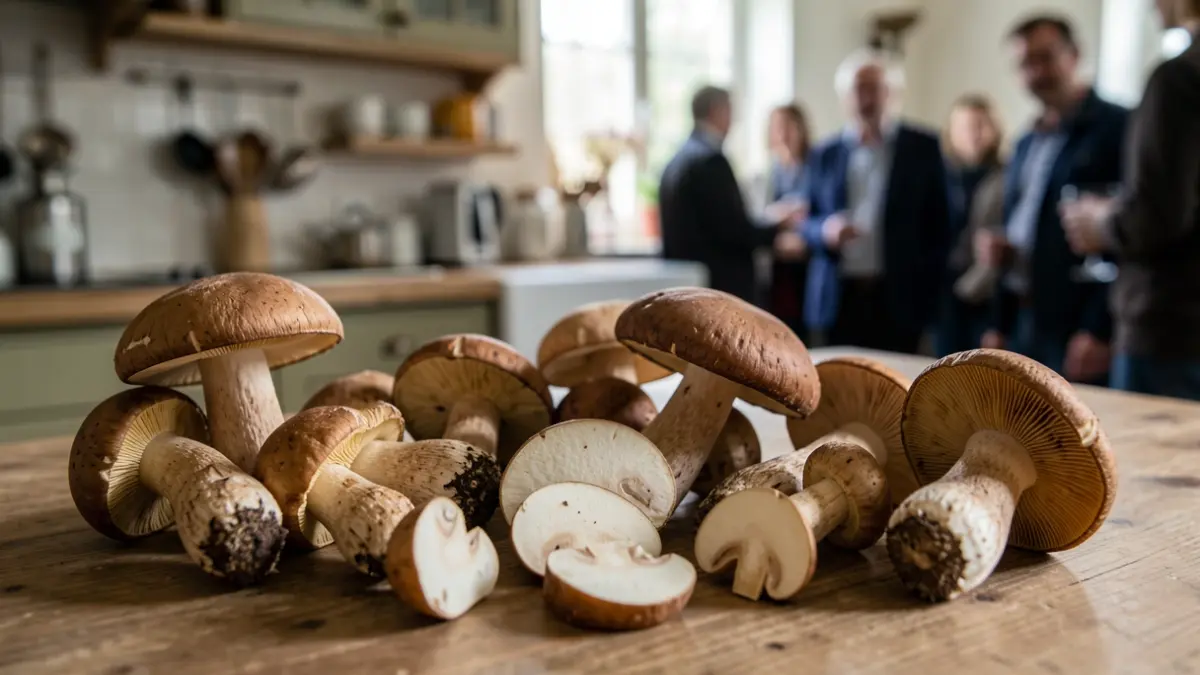 Generic image of various mushrooms on a wooden table, with a blurred kitchen counter in the background.