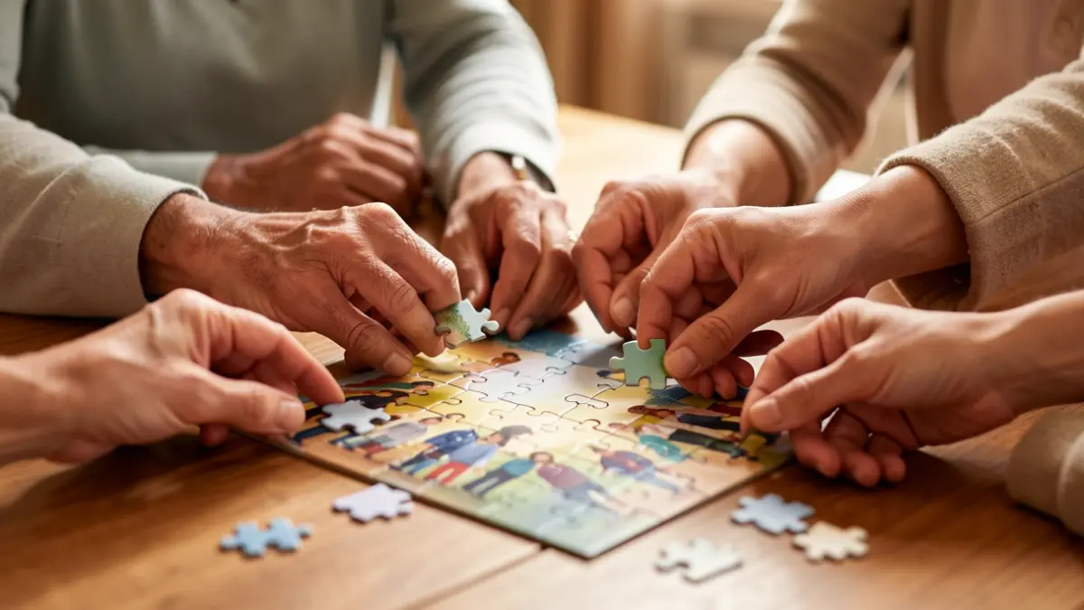 Irudi generikoa: mahaian elkartzen diren esku anitz, puzzle piezak elkartzen, batasuna eta helburu komunak sinbolizatuz. Argiztapen naturala, sakontasun txikiko eremua.