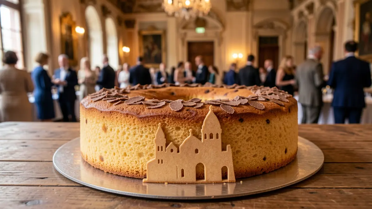 Imagen de primer plano de la Tarta Begoña, decorada con la silueta de la Basílica de Begoña en azúcar, sobre una mesa de madera rústica.