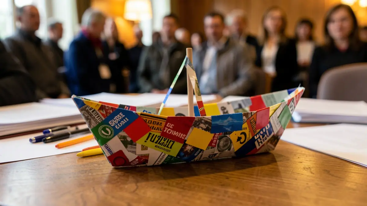 Close-up of a symbolic boat made of paper and recycled materials, representing youth collaboration and transformation, on a wooden table with blurred documents and pens in the background, warm indoor lighting, documentary style.