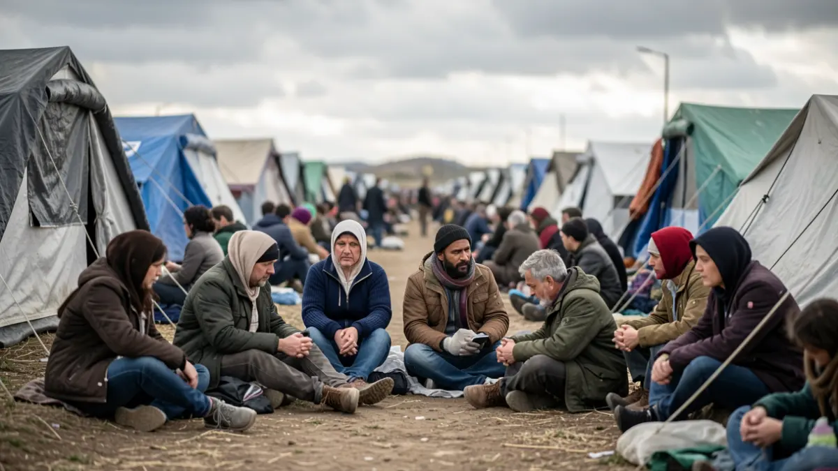A group of refugees sitting on the ground outside a temporary shelter in a refugee camp, with a blurred background showing more tents and a cloudy sky. The scene conveys a sense of waiting and vulnerability.