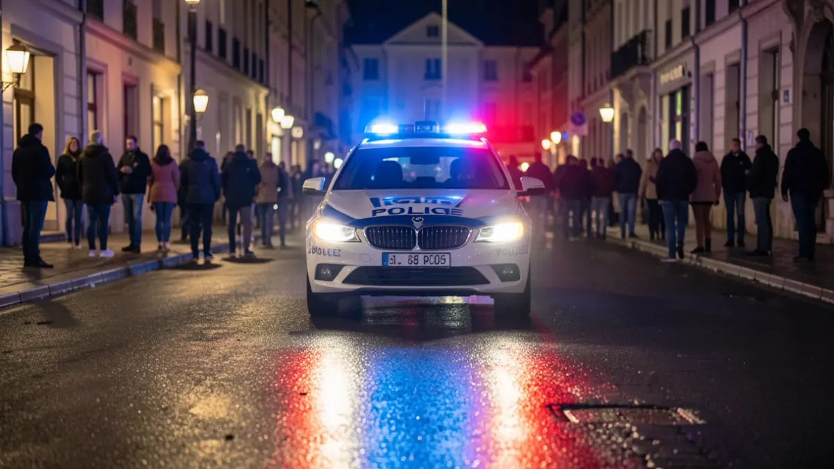 Generic image: red and blue police lights flashing on wet asphalt in a European city at night.
