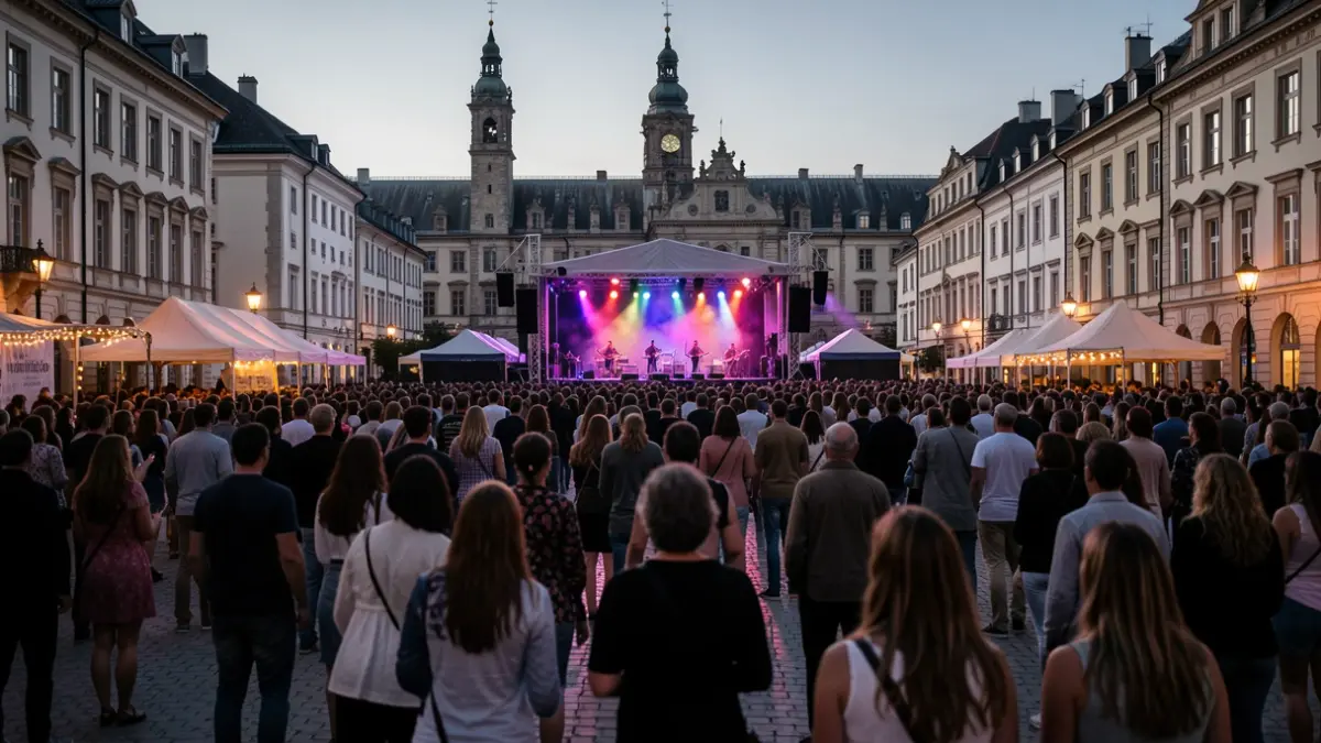Irudi generikoa: Europako hiri bateko plaza batean arratsalde-gau partean ospatzen den musika jaialdi bizi baten eszena, jendetza anitzeko silueta lausoak agertzen dira agertokian zuzeneko emanaldiak gozatzen, argi koloretsuek giroa argitzen dute, eta atzealdean udal-arkitektura ikonikoa ikusten da.