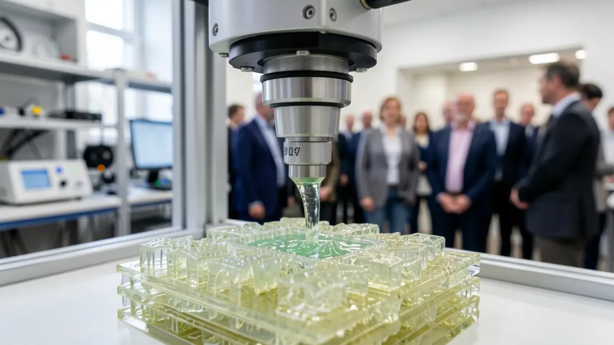 Imagen genérica: La boquilla de una bioimpresora 3D depositando gel de bio-tinta, creando intrincadas estructuras en capas, con equipamiento de laboratorio borroso y luz suave al fondo.