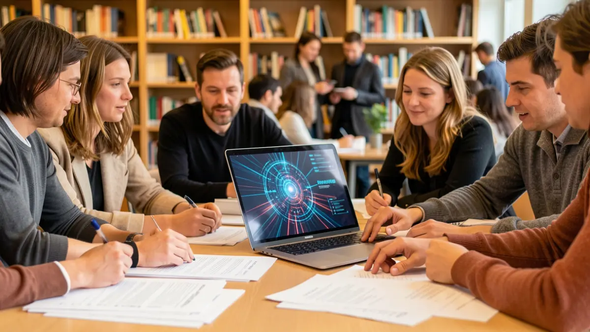 Generic image. Several hands collaborating around a computer, inside a learning center.