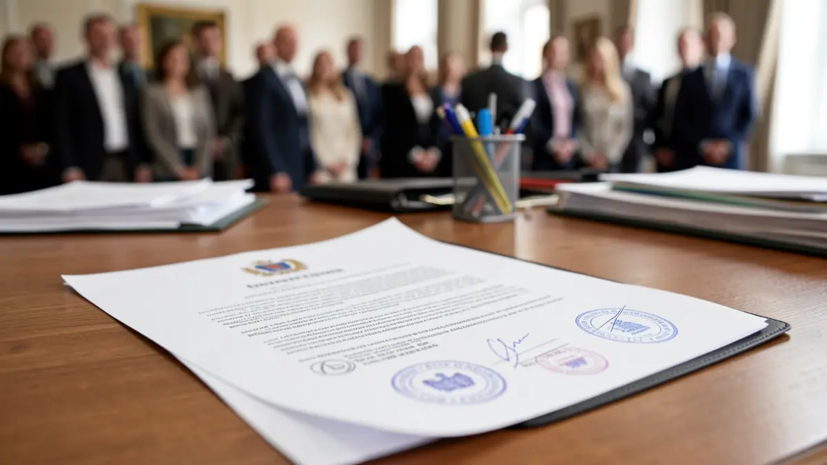 Generic image of official documents with seals and stamps, on an office desk with blurred office supplies.