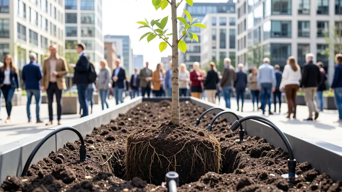 Imagen genérica: un árbol joven siendo plantado en una jardinera continua con sistema de riego automático.