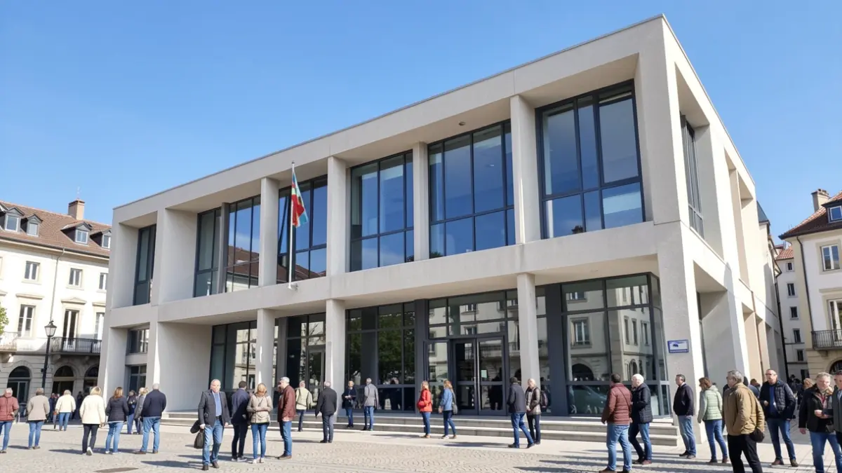 Irudi generikoa: Euskal Herriko udaletxe moderno baten fatxada, zeru urdinarekin eta egunez.