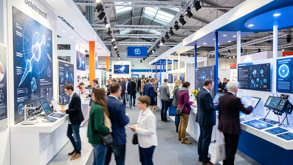 Imagen dinámica de una feria de ciencia e innovación con gente interactuando con las exposiciones.