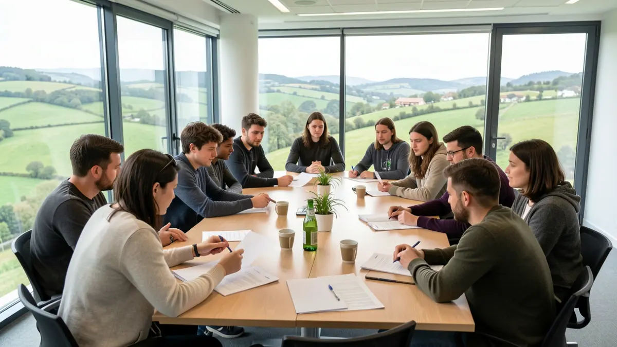 Imagen genérica: Un grupo diverso de personas, incluyendo adultos y adolescentes, reunidos alrededor de una mesa en una sala de reuniones moderna, discutiendo. Se ven ventanas con vistas a un paisaje verde del País Vasco.