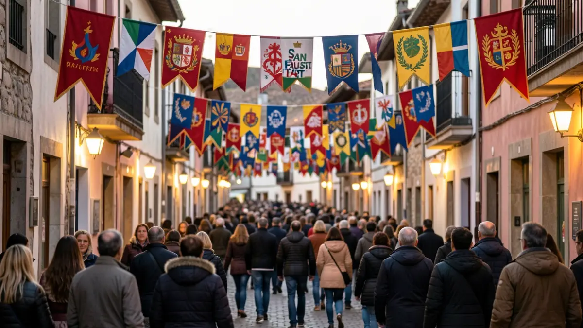 Irudi generikoa: San Fausto jaietako kale-eszena, koloretako banderak eta jende-multzo lausoak atzealdean, arratsaldeko argi epela.