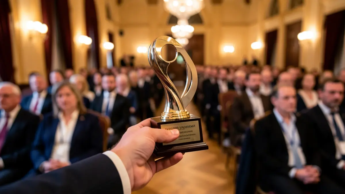 Imagen genérica: una mano sosteniendo un premio o trofeo simbólico, con un fondo borroso de un salón de eventos formal con gente, iluminación ambiental cálida.