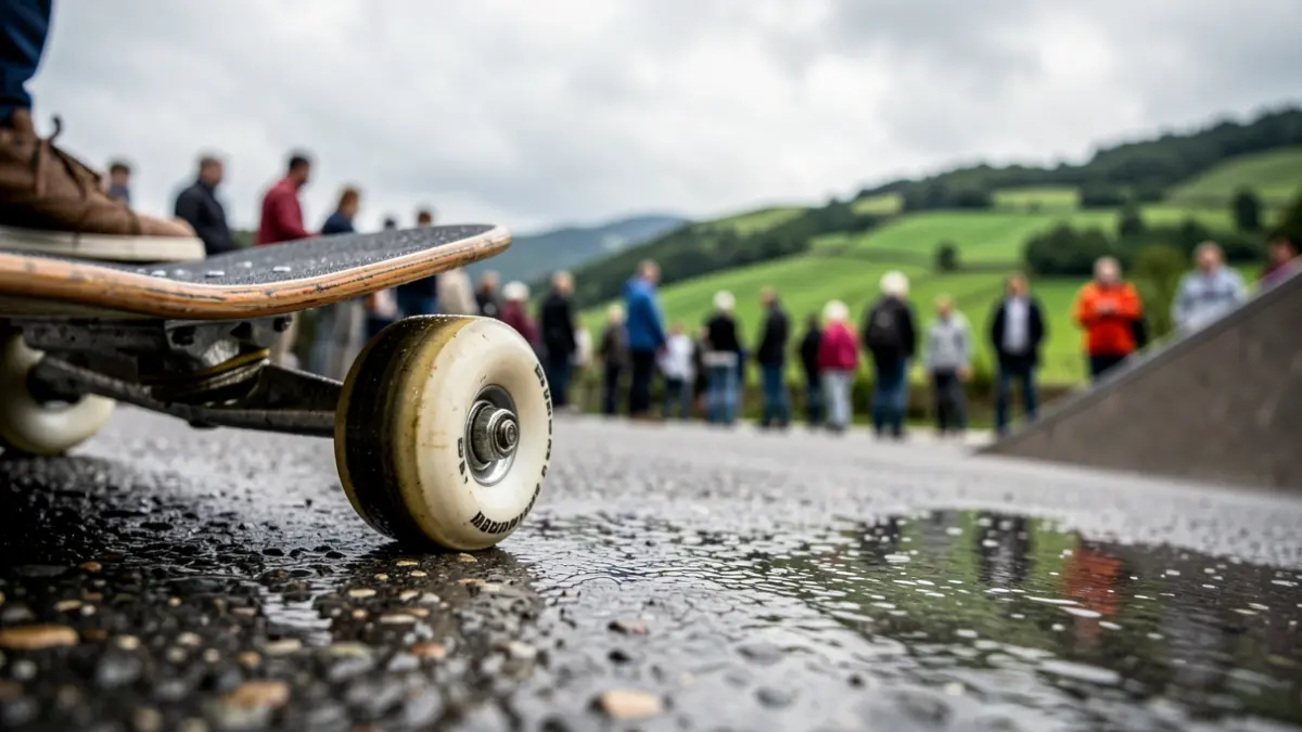 Skateboard baten gurpila erakusten duen argazkia, Euskadiko muino berdeak eta zeru euritsua atzealdean.