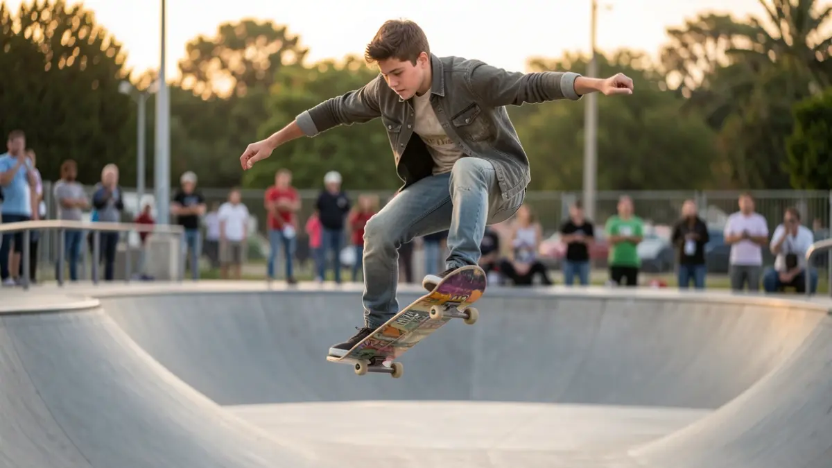 A young Basque skateboarder performing a complex trick mid-air, with a blurred background of a skatepark in Asunción, Paraguay. The lighting suggests late afternoon. Focus on the dynamic movement and the skateboarder's concentration. Avoid showing faces clearly or text.
