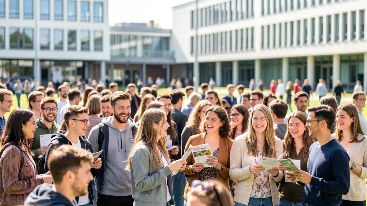 Diverse group of international and Euskadi students gathered in a festive atmosphere on a university campus, with blurred modern university buildings in the background.