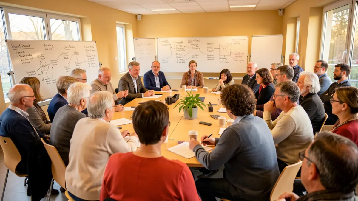 Un grupo diverso de ciudadanos en una moderna sala de reuniones de un centro comunitario en Euskadi, participando activamente en un taller, con pizarras que muestran notas y diagramas escritos a mano al fondo. Iluminación cálida y natural.