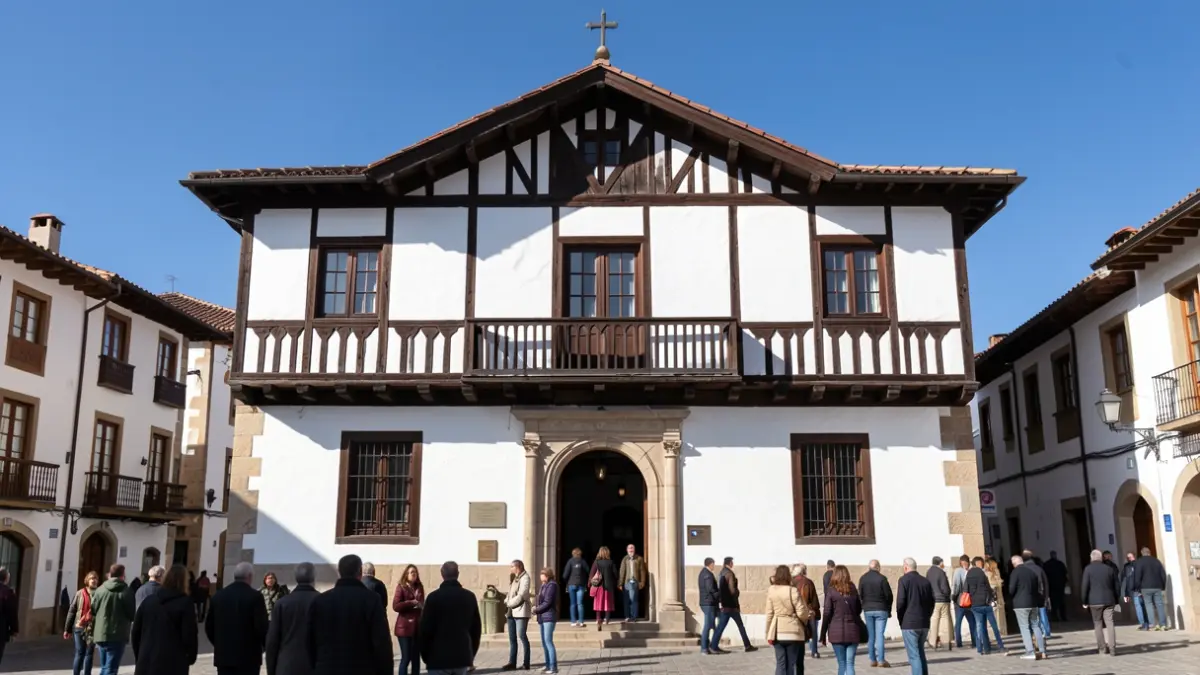 Imagen genérica: Fachada del ayuntamiento de Eibar, arquitectura tradicional vasca, luz solar.