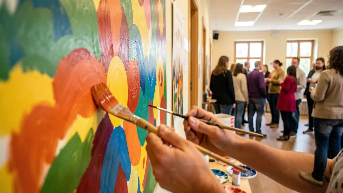 Irudi generikoa: komunitate zentro baten barruko horman margotzen ari den mural koloretsu baten hurbileko irudia, eskuz eta pintzelekin, giro bero eta atsegina.