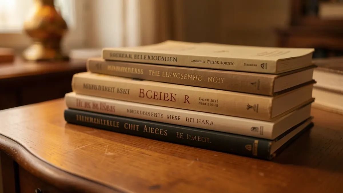 Imagen genérica de una pila de libros sobre una mesa, con luz cálida.