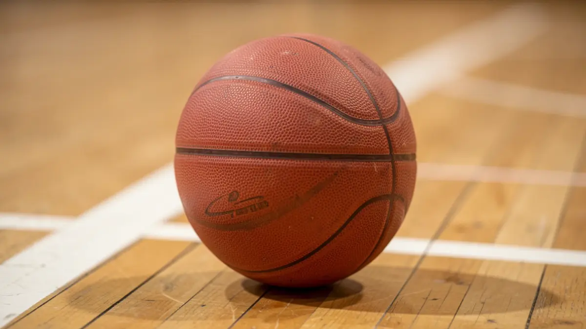 Generic image: a basketball on a wooden court floor.