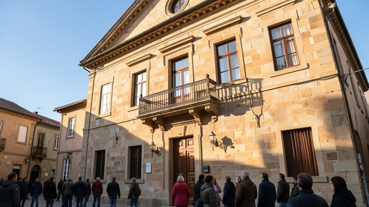 Irudi generikoa: Euskal Herriko udaletxe baten harrizko fatxada, balkoi eta burdinsare apaingarriekin, arratsaldeko eguzkiak harrietan itzal luzeak sortzen dituela, zeru urdina.