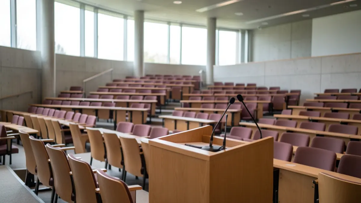 Generic image: Interior of a modern university lecture hall in Euskadi, featuring empty tiered seating and a podium with microphones.