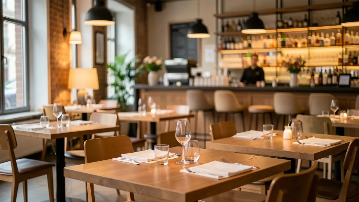 Generic image of the interior of a modern gastronomic society space with wooden tables and chairs, soft ambient lighting.