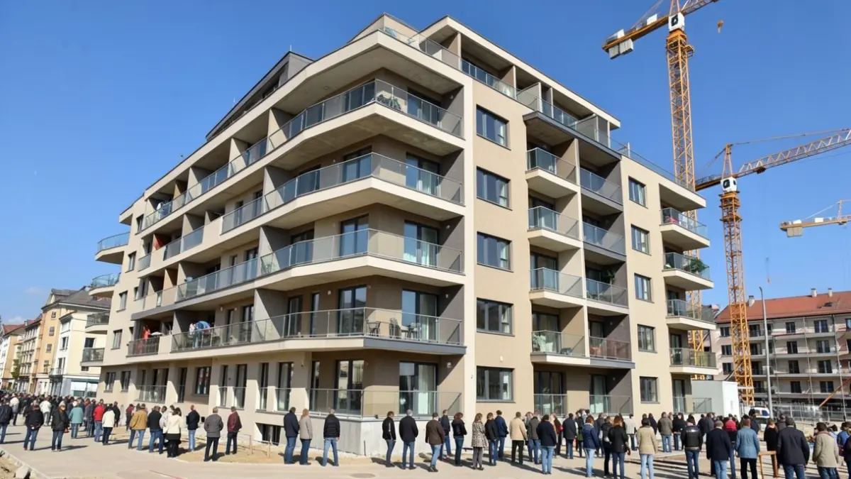 Generic image of a modern residential building facade under construction, with cranes in the background and a blue sky.