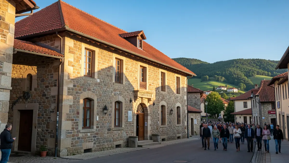 Generic image: Exterior of the Eskoriatza town hall, with a stone facade and red roof, in the afternoon light.