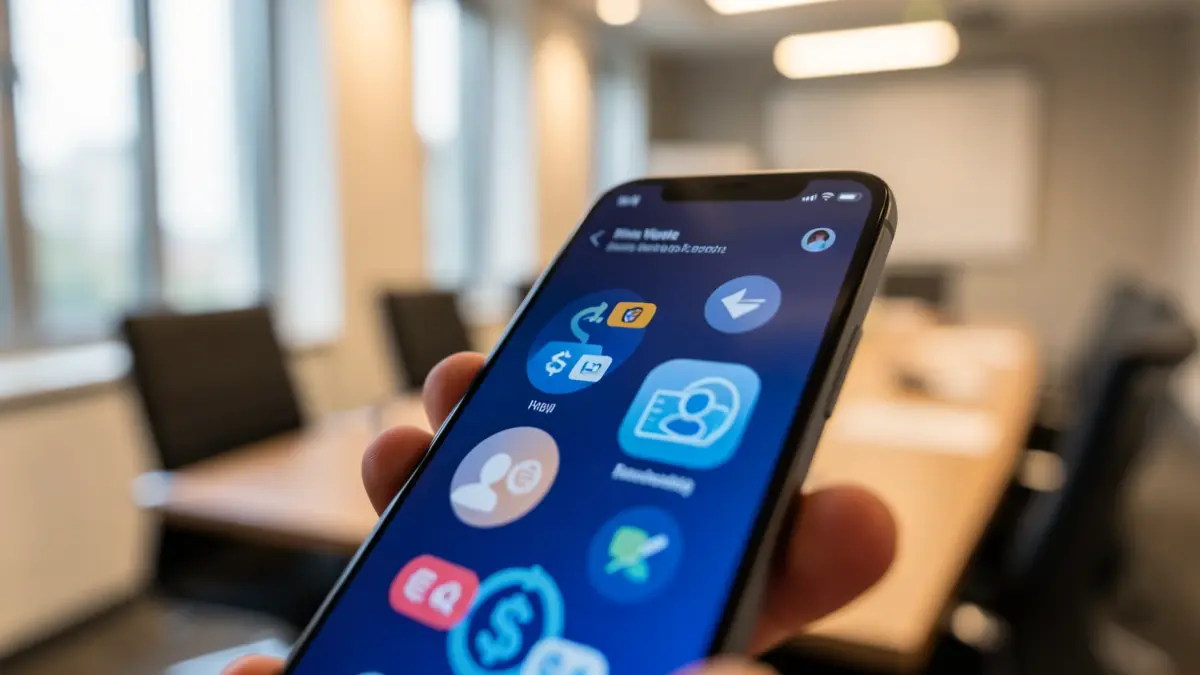 Irudi generikoa: telefono mugikorreko pantailan digital wallet interfaze bat, moneta digitalaren eta identitatearen ikono abstraktuekin. Bileragela moderno baten atzealde lausoa, argiztapen leuna.