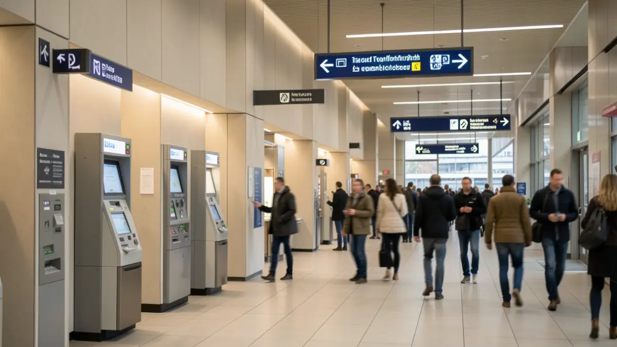 Generic image: interior of a train station lobby with modern design and travelers.