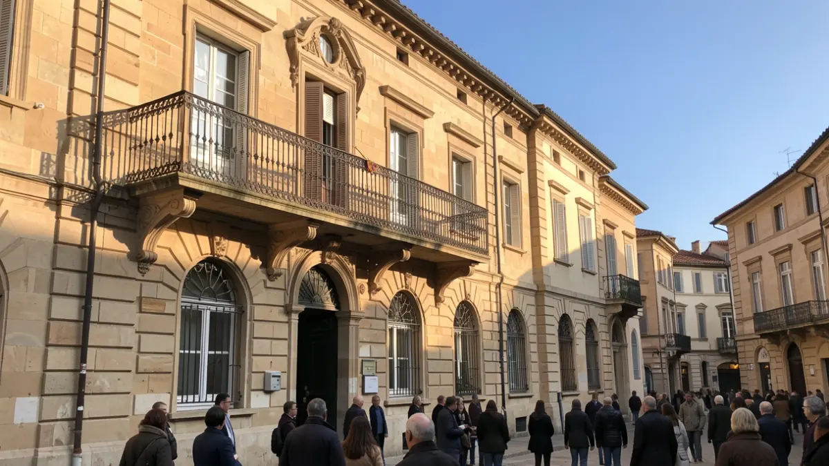 Generic image: facade of a town hall with an ornate balcony and railings, warm afternoon sunlight casting shadows on sandstone walls, blue sky.