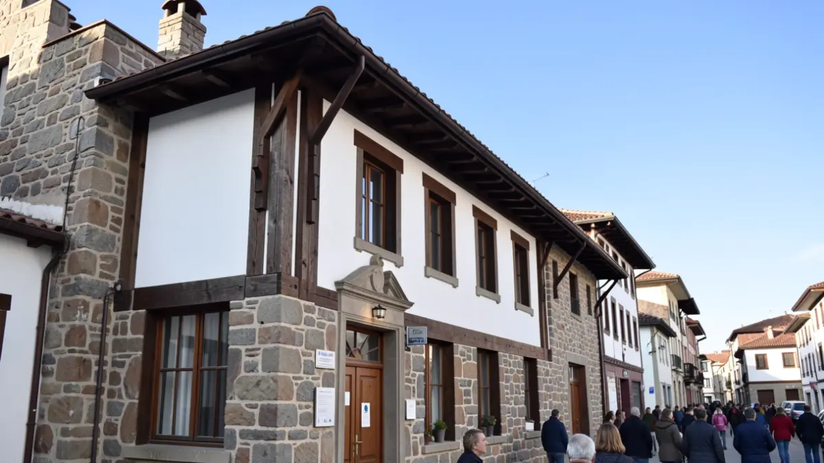 Imagen cercana de la fachada de piedra del ayuntamiento de Etxebarri, con luz diurna suave.