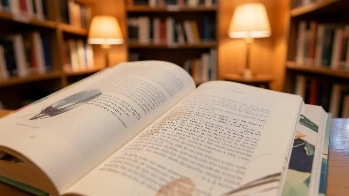 Imagen genérica: un libro abierto con páginas que muestran texto literario abstracto y poético, con luz ambiental cálida y poca profundidad de campo.